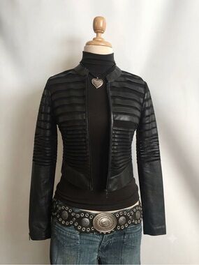 Yoki Black Striped Sheer Leather-Trim Bomber Jacket